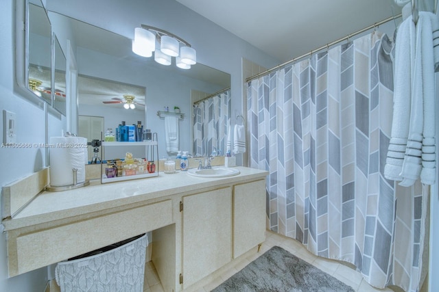 6755 NW 199th St, Hialeah, FL 33015 - bathroom with a ceiling fan, vanity, tile patterned floors, and curtained shower