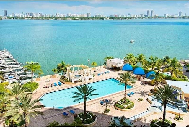 7601 E Treasure Dr Unit 1622, North Bay Village, FL 33141 - aerial view of a view of skyline, a nearby body of water, and a pool