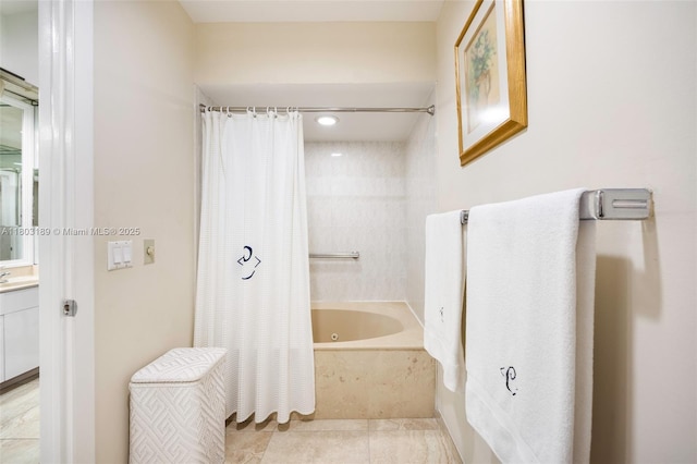 8610 SW 83rd St, Miami, FL 33143 - bathroom with a bath, vanity, tile patterned flooring, curtained shower, and recessed lighting