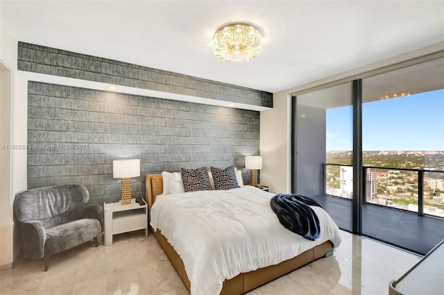 88 SW 7th St Unit 3212, Miami, FL 33130 - bedroom featuring access to outside, a wall of windows, and marble finish floors