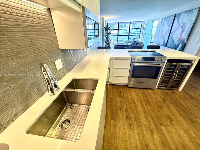 200 Leslie Dr Unit 817, Hallandale Beach, FL 33009 - kitchen with electric range, a sink, wood finished floors, tasteful backsplash, and a peninsula