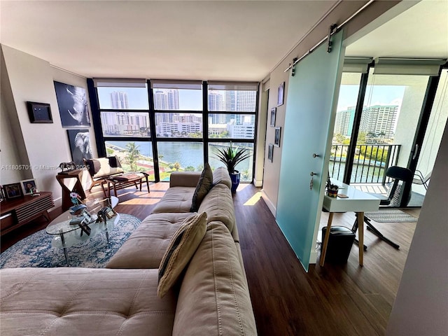 200 Leslie Dr Unit 817, Hallandale Beach, FL 33009 - living area with wood finished floors, a wall of windows, and a barn door