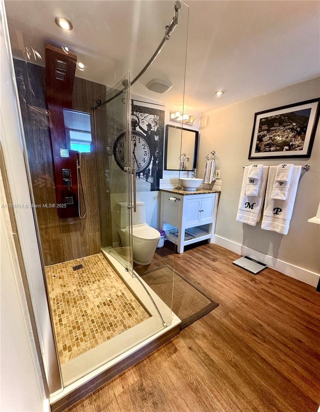 200 Leslie Dr Unit 817, Hallandale Beach, FL 33009 - full bathroom featuring a shower stall, wood finished floors, vanity, toilet, and baseboards