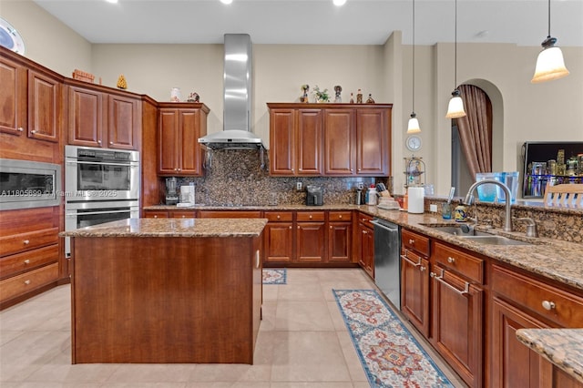 31725 SW 213th Ave, Homestead, FL 33030 - kitchen featuring wall chimney range hood, a sink, appliances with stainless steel finishes, decorative backsplash, and recessed lighting