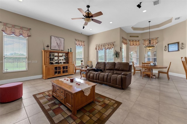 31725 SW 213th Ave, Homestead, FL 33030 - living area with a ceiling fan, baseboards, light tile patterned floors, and recessed lighting
