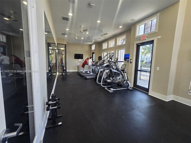 workout area featuring baseboards, recessed lighting, and ceiling fan