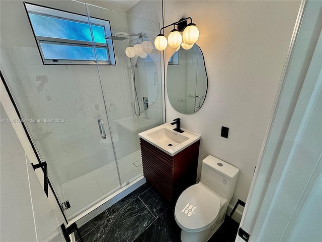 4710 Pine Tree Dr Unit 31, Miami Beach, FL 33140 - bathroom featuring vanity, a stall shower, marble finish floors, and toilet