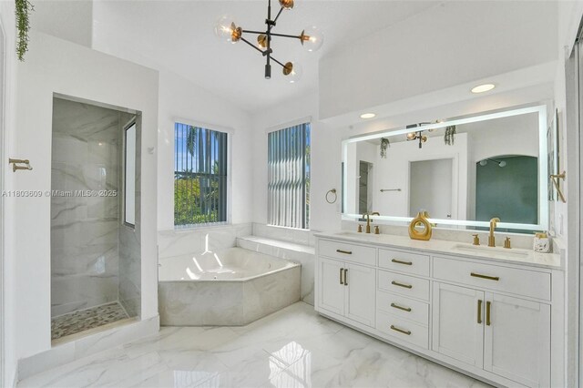 10730 NW 56th Ct, Coral Springs, FL 33076 - bathroom featuring a bath, double vanity, marble finish flooring, lofted ceiling, and a marble finish shower