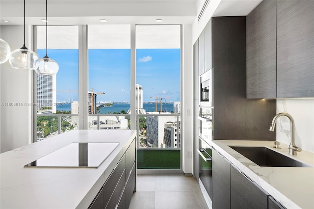 3470 E Coast Ave Unit H1201, Miami, FL 33137 - kitchen featuring a sink, modern cabinets, a water view, stainless steel oven, and light stone counters