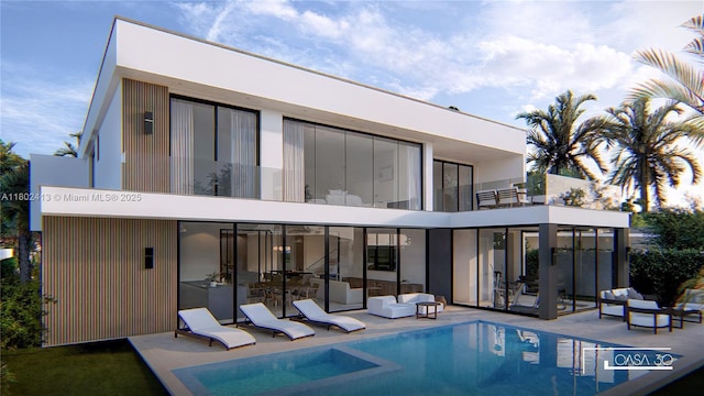 30 Samana Dr, Coconut Grove, FL 33133 - back of house featuring a balcony, a patio, an outdoor living space, and a pool with connected hot tub