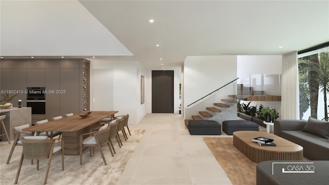 30 Samana Dr, Coconut Grove, FL 33133 - dining room with light tile patterned floors, stairs, and recessed lighting