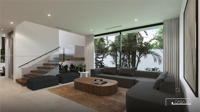 30 Samana Dr, Coconut Grove, FL 33133 - living room with a wall of windows, stairs, tile patterned floors, and recessed lighting