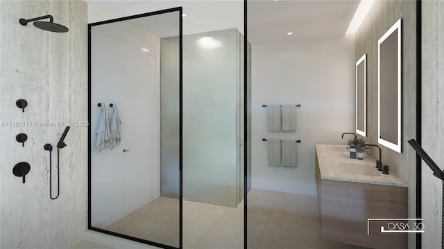30 Samana Dr, Coconut Grove, FL 33133 - full bathroom featuring a walk in shower, double vanity, and tile patterned flooring