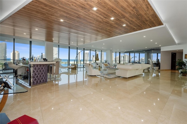 5500 Island Estates Dr Unit 1404 & 1405N, Aventura, FL 33160 - building lobby with wood ceiling, a wall of windows, and a skyline view