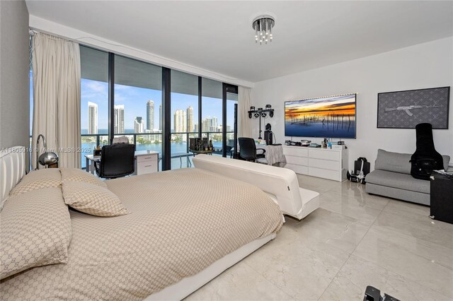 5500 Island Estates Dr Unit 1404 & 1405N, Aventura, FL 33160 - bedroom with access to exterior, marble finish flooring, floor to ceiling windows, and multiple windows