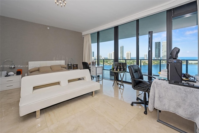 5500 Island Estates Dr Unit 1404 & 1405N, Aventura, FL 33160 - bedroom with expansive windows, a skyline view, access to exterior, and light marble finish flooring