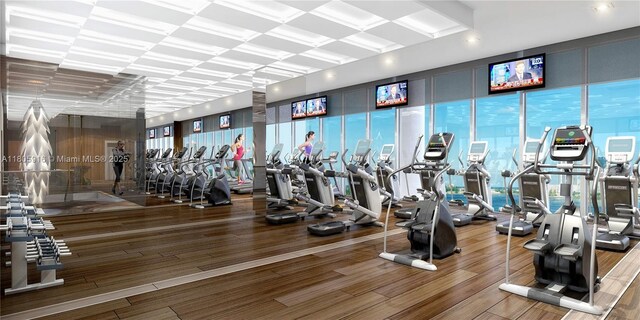 5500 Island Estates Dr Unit 1404 & 1405N, Aventura, FL 33160 - gym featuring expansive windows, wood finished floors, and recessed lighting