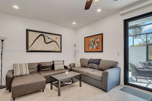 1541 NW 92nd Ave Unit 186, Pembroke Pines, FL 33024 - living area with a ceiling fan, recessed lighting, and light tile patterned flooring