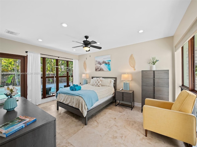 1519 Harrison St, Hollywood, FL 33020 - bedroom with recessed lighting, access to exterior, a ceiling fan, and baseboards