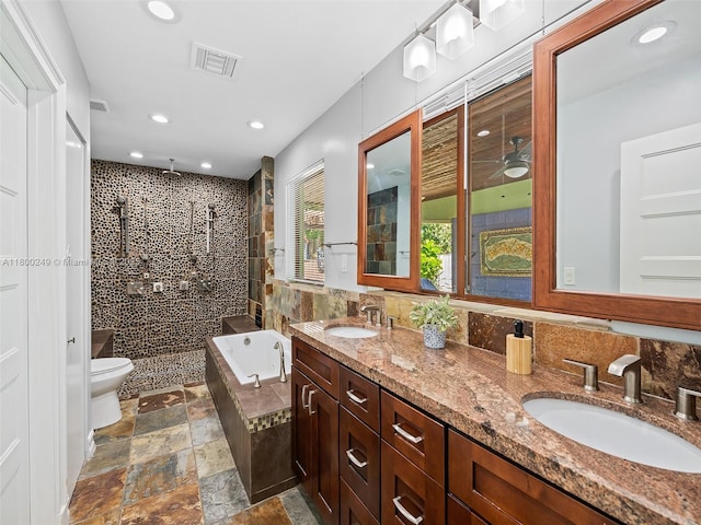 1519 Harrison St, Hollywood, FL 33020 - bathroom with a bath, double vanity, tiled shower, recessed lighting, and toilet