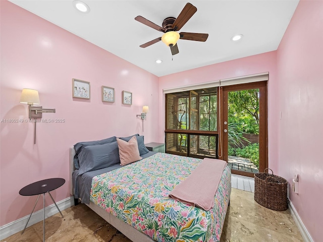 1519 Harrison St, Hollywood, FL 33020 - bedroom with baseboards, stone finish floors, recessed lighting, and ceiling fan
