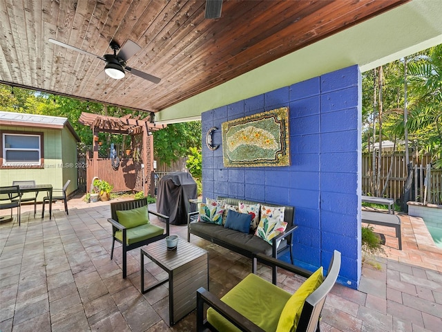 1519 Harrison St, Hollywood, FL 33020 - view of patio featuring outdoor lounge area, ceiling fan, a fenced backyard, and grilling area