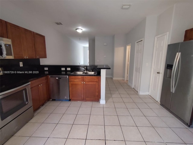 kitchen with appliances with stainless steel finishes, a sink, a peninsula, dark countertops, and light tile patterned floors