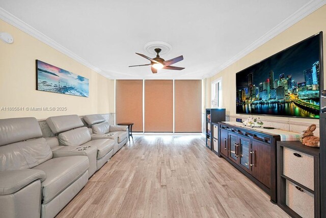 2655 Collins Ave Unit 1501, Miami Beach, FL 33140 - living area with ceiling fan, ornamental molding, and light wood-style floors