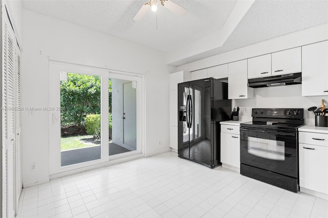9808 NW 56th Pl, Coral Springs, FL 33076 - kitchen featuring black appliances, under cabinet range hood, a textured ceiling, light countertops, and white cabinets