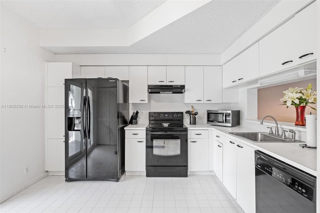 9808 NW 56th Pl, Coral Springs, FL 33076 - kitchen featuring black appliances, a sink, under cabinet range hood, light countertops, and white cabinets