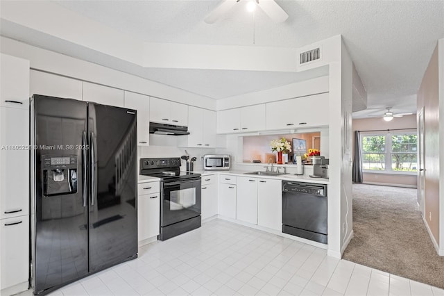 9808 NW 56th Pl, Coral Springs, FL 33076 - kitchen featuring black appliances, ceiling fan, under cabinet range hood, a sink, and light countertops