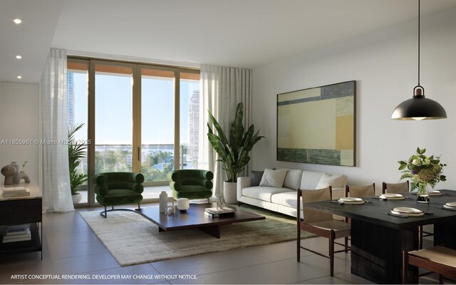 2200 Brickell Ave Unit 207, Miami, FL 33129 - tiled living area with expansive windows and recessed lighting