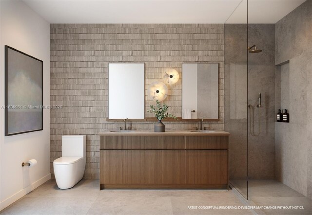 2200 Brickell Ave Unit 207, Miami, FL 33129 - full bathroom featuring double vanity, walk in shower, tile walls, toilet, and tile patterned flooring