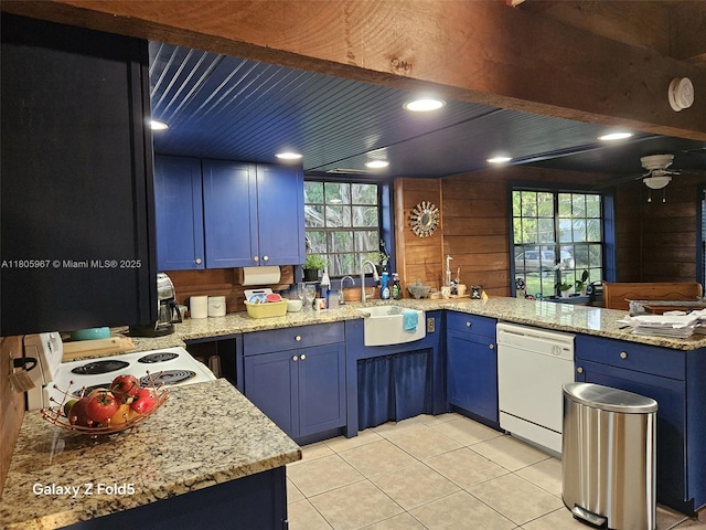 4070 E River Ft, Myers, FL 33916 - kitchen with white appliances, a sink, blue cabinetry, plenty of natural light, and wood walls