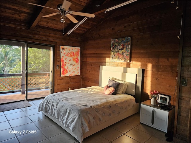 4070 E River Ft, Myers, FL 33916 - tiled bedroom featuring wooden ceiling, wood walls, access to exterior, and ceiling fan