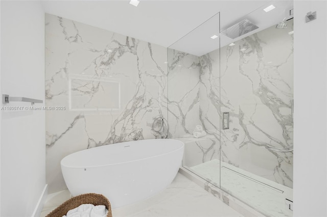 100 S Pointe Dr Unit Th-13, Miami Beach, FL 33139 - full bath featuring a marble finish shower, a freestanding tub, and marble tiled floors