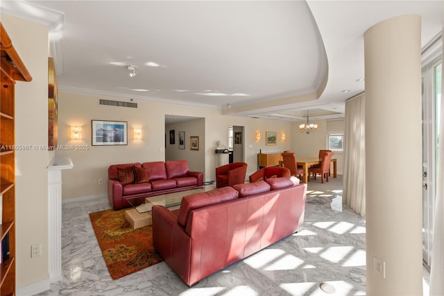 610 Valencia Ave Unit 503, Coral Gables, FL 33134 - living room with a chandelier, crown molding, and light marble finish floors