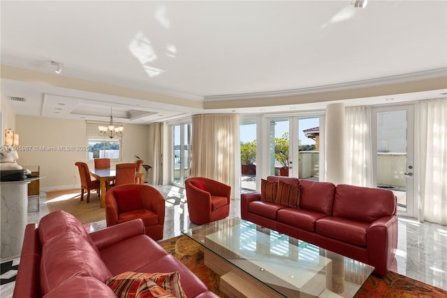 610 Valencia Ave Unit 503, Coral Gables, FL 33134 - living room with a tray ceiling, a chandelier, plenty of natural light, and ornamental molding