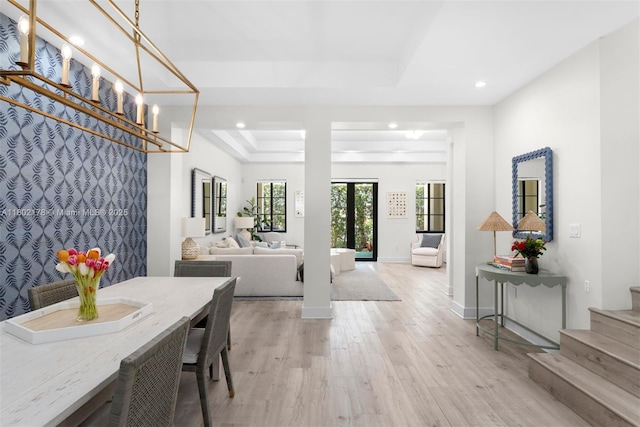 622 Malaga Ave Unit 622, Coral Gables, FL 33134 - dining area with a tray ceiling, light wood-style flooring, recessed lighting, stairs, and baseboards