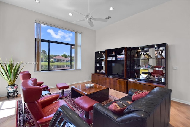 2701 Edgewater Ct, Weston, FL 33332 - living room with wood finished floors, baseboards, ceiling fan, and recessed lighting