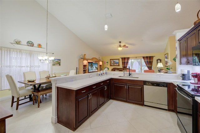 596 NW 164th Ave, Pembroke Pines, FL 33028 - kitchen with dishwasher, black range with electric stovetop, lofted ceiling, light countertops, and ceiling fan
