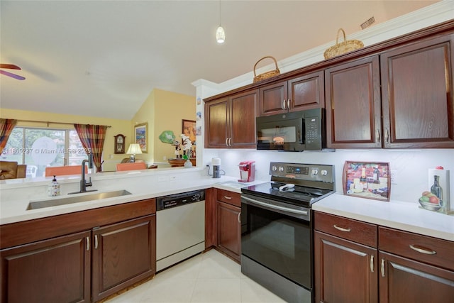 596 NW 164th Ave, Pembroke Pines, FL 33028 - kitchen with dishwashing machine, black microwave, stainless steel electric range oven, vaulted ceiling, and light countertops