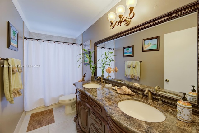 596 NW 164th Ave, Pembroke Pines, FL 33028 - full bathroom with ornamental molding, double vanity, tile patterned flooring, and shower / tub combo with curtain
