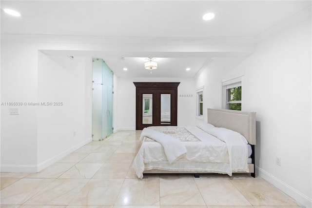 12300 Old Cutler Rd, Pinecrest, FL 33156 - bedroom with recessed lighting, crown molding, baseboards, and french doors