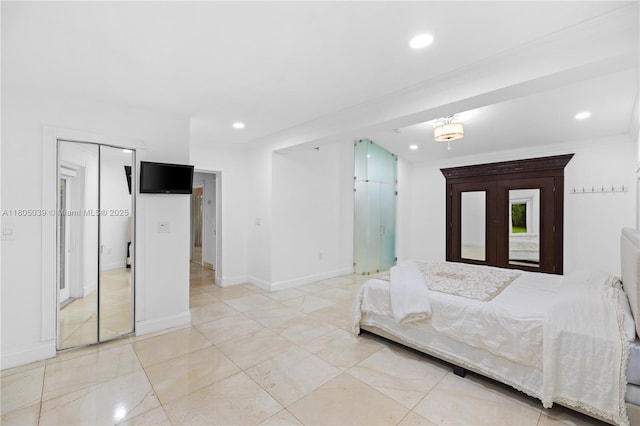 12300 Old Cutler Rd, Pinecrest, FL 33156 - bedroom with recessed lighting, baseboards, light tile patterned floors, and ornamental molding