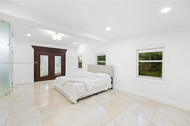12300 Old Cutler Rd, Pinecrest, FL 33156 - bedroom featuring recessed lighting, baseboards, french doors, ornamental molding, and light marble finish floors