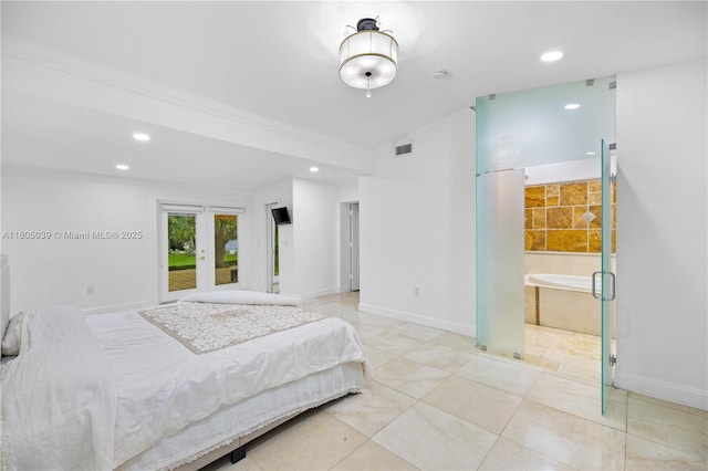 12300 Old Cutler Rd, Pinecrest, FL 33156 - bedroom featuring french doors, recessed lighting, ornamental molding, baseboards, and lofted ceiling