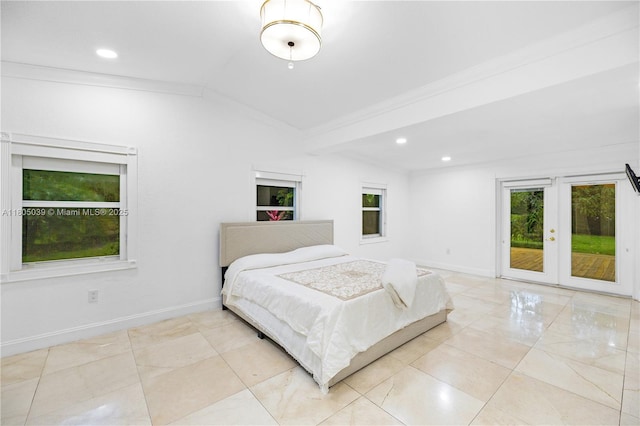 12300 Old Cutler Rd, Pinecrest, FL 33156 - bedroom featuring ornamental molding, access to exterior, vaulted ceiling, recessed lighting, and baseboards