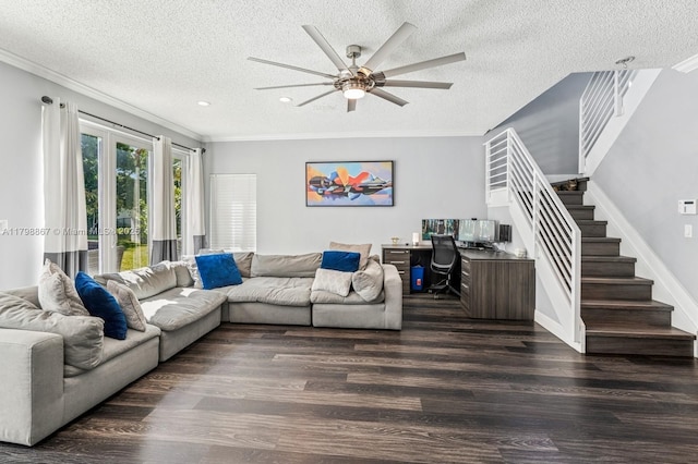 20701 NW 3rd Ct, Pembroke Pines, FL 33029 - living area with dark wood-style flooring, ceiling fan, a textured ceiling, crown molding, and stairs