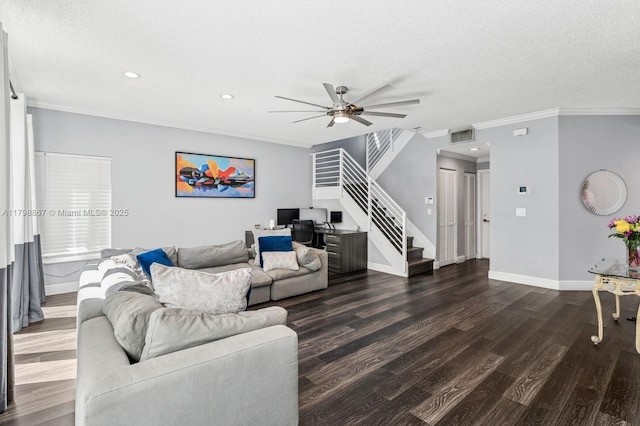 20701 NW 3rd Ct, Pembroke Pines, FL 33029 - living area featuring a ceiling fan, stairway, recessed lighting, baseboards, and a textured ceiling